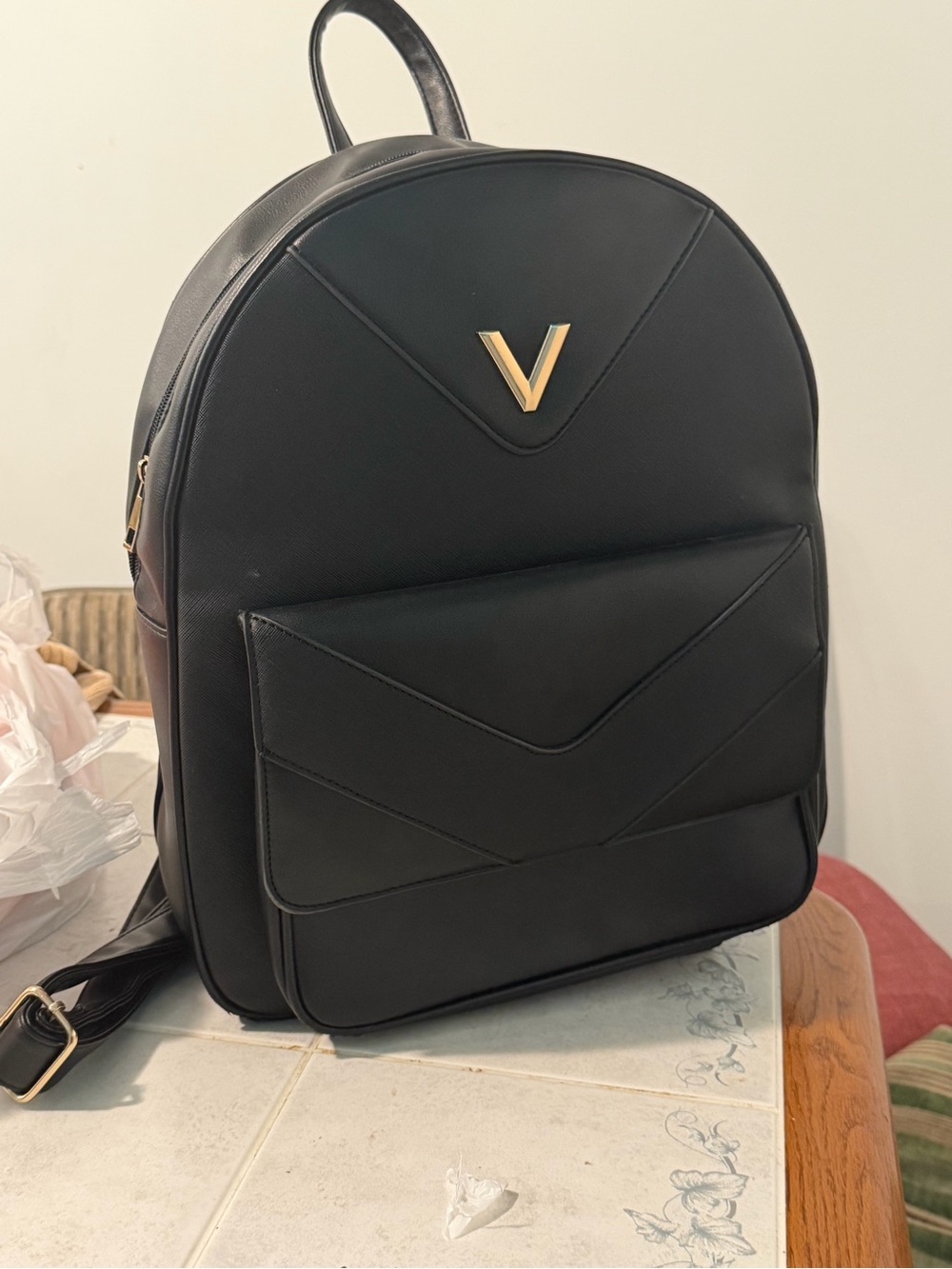 Black Backpack with Gold V Logo